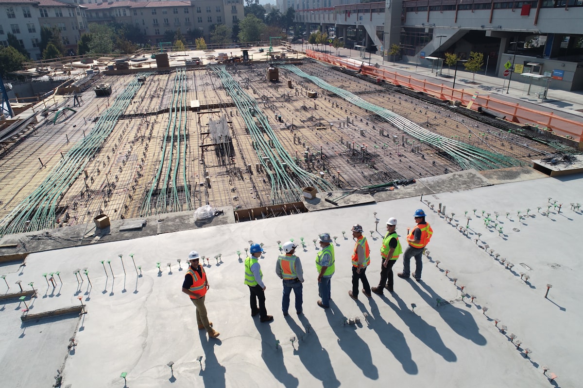 Construction workers on active building site